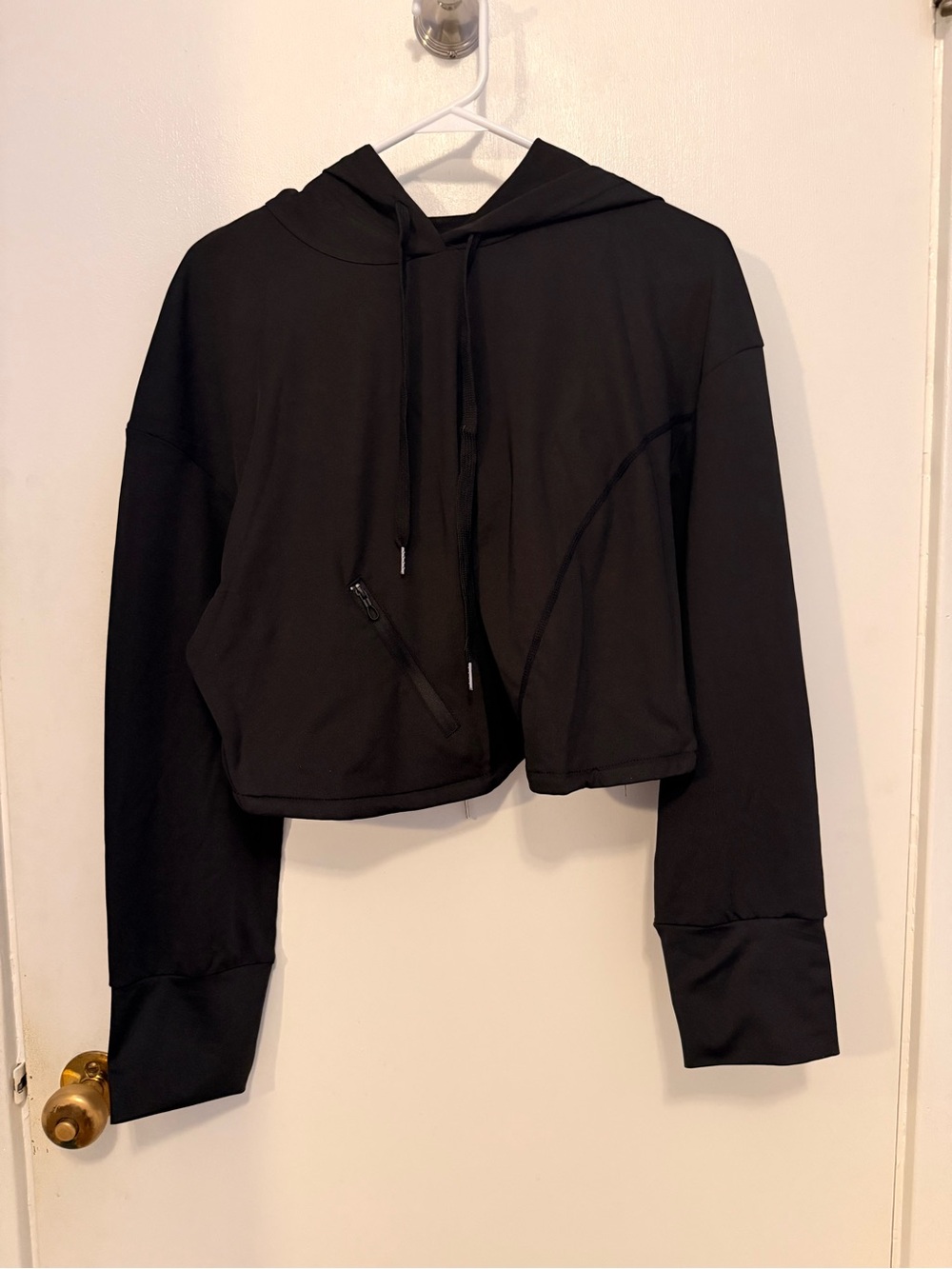 SHEIN Black Cropped Hoodie with Zip Pocket Adjustable Waist Tie XL NWOT